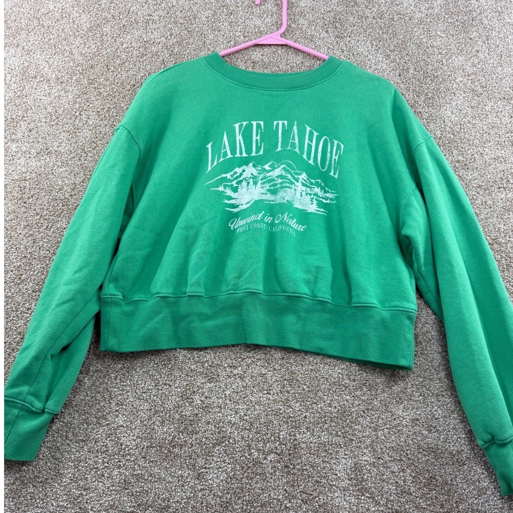 Old Navy Womens Lake Tahoe Cropped Sweatshirt Green M Souvenir Loungewear Casual - Picture 1 of 10